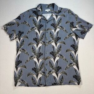 Reiss Mexicali Shirt Men's XL Blue Cuban Collar Leaf Print Soft‎ Beach Camp